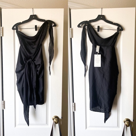 Baobab Dress Marea Mini Satin One-Shoulder Adjustable Tie Beach LBD Black XS NWT - Picture 2 of 9